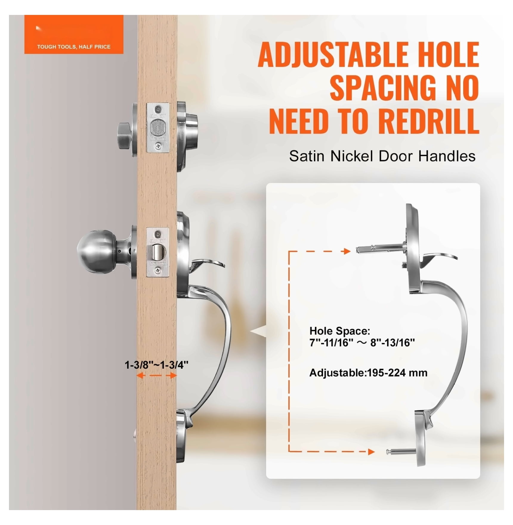 Front Door Handle and Deadbolt Set, Satin Nickel Door Lockset with Knob, Adjustable Hole Spacing Handleset, Single Cylinder, for Entry & Front Doors