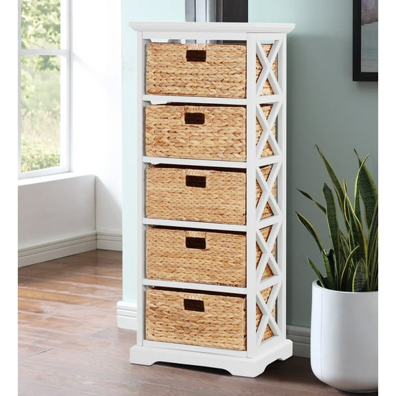 Hampton Meadows 5 Tier X-Side End Storage Cabinet with 5 Water Hyacinth Natural Wicker Baskets, White