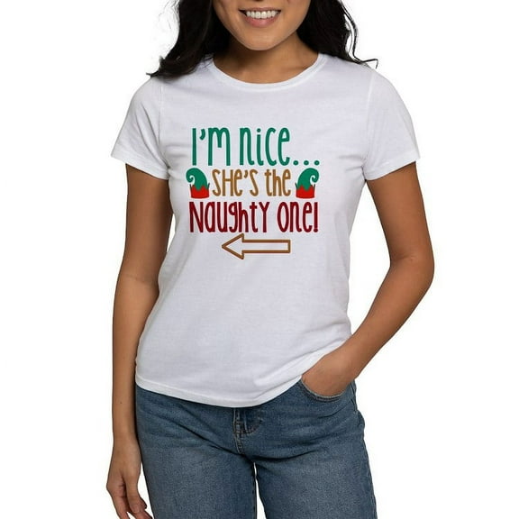 CafePress - Im Nice She's Naughty Elf Hat Women's T Shirt - Women's Classic T-Shirt