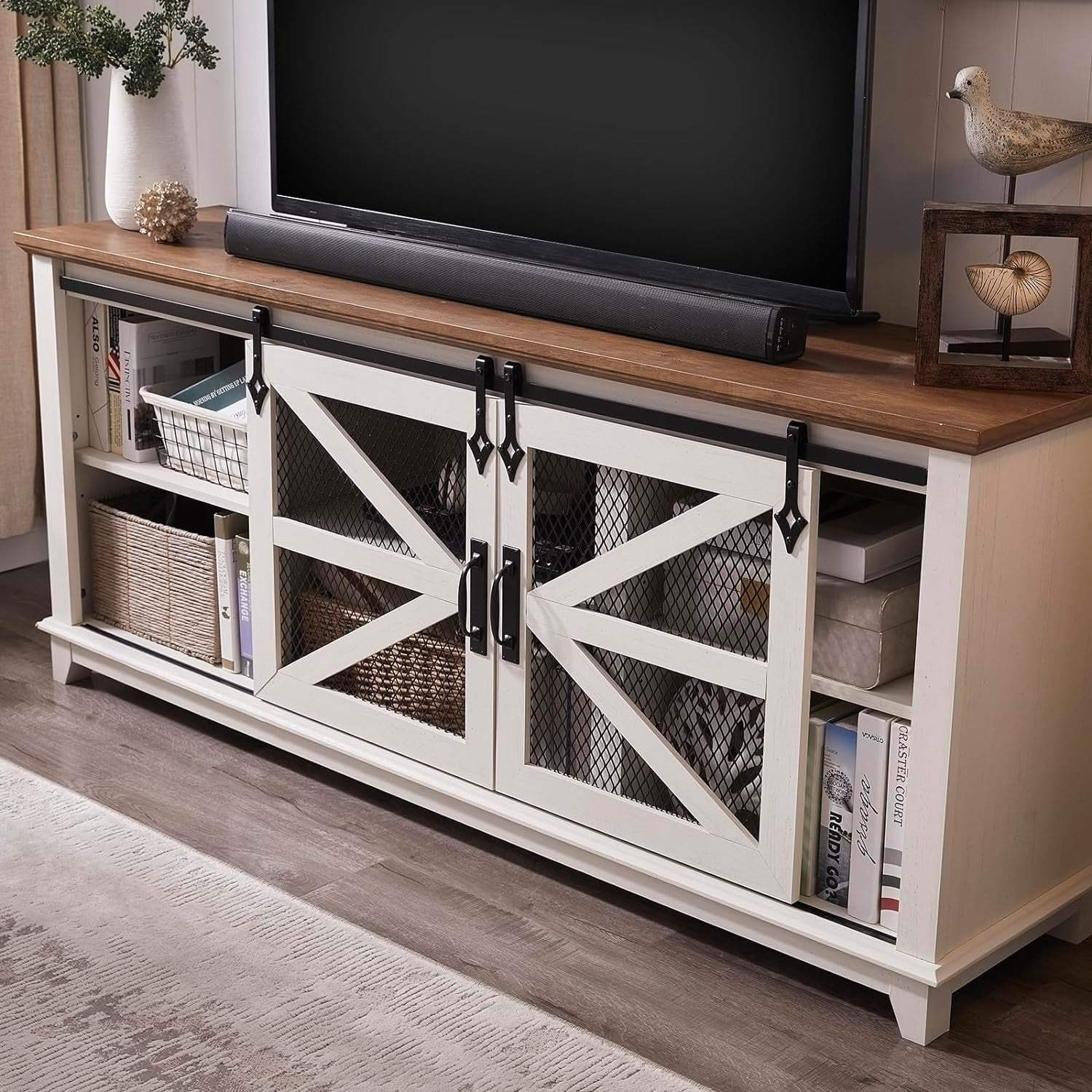 OKD Farmhouse Premium Wood TV Stand with Metal Mesh
