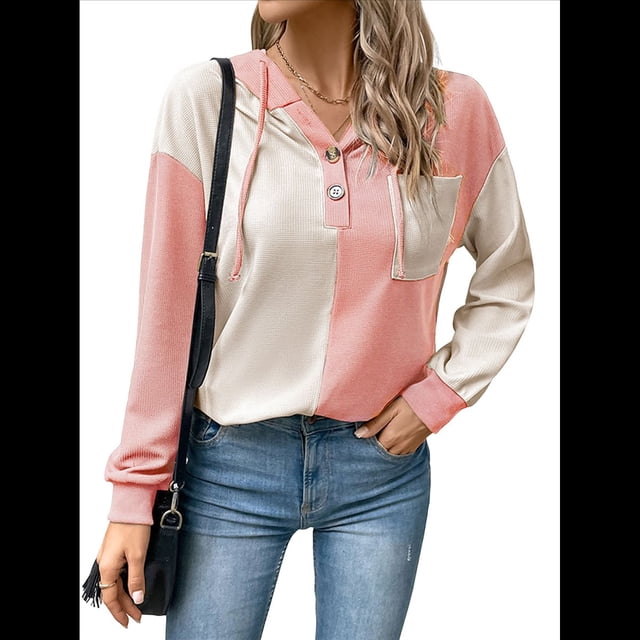Sudadera con Capucha para Mujer, Cuello Abotonado, Cordón Ajustable, Sudadera Informal de Larga, Camisetas. Rosa S