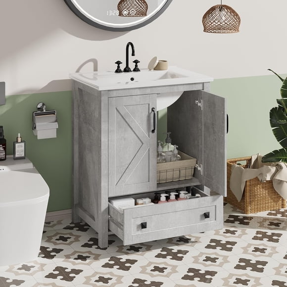 30" Bathroom Vanity with Ceramic Sink, Freestanding Modern Cabinet with 2 Doors & Storage Drawer, Waterproof Bathroom Vanity for Small Bathrooms, Grey