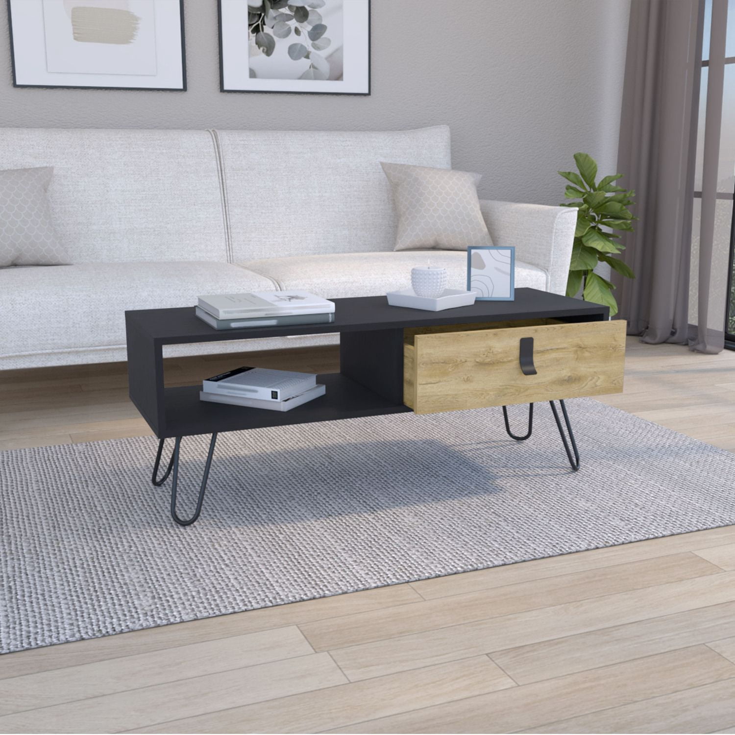 Asteroutdoor Coffee Table with Hairpin Legs and Storage Drawer