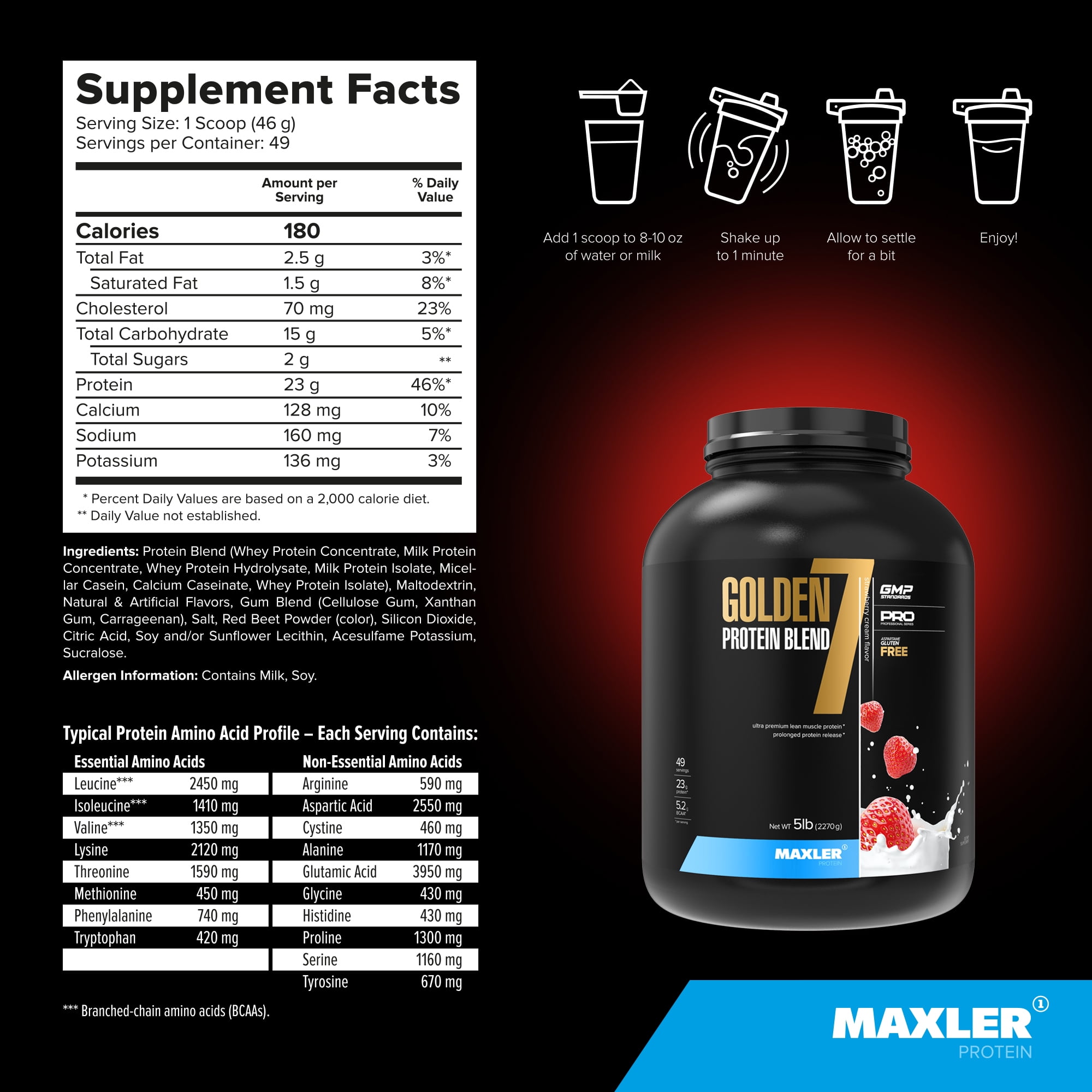 Maxler Golden 7 Protein Blend - Protein Powder for Muscle Gain & Recovery - Strawberry Protein Powder 5 lb