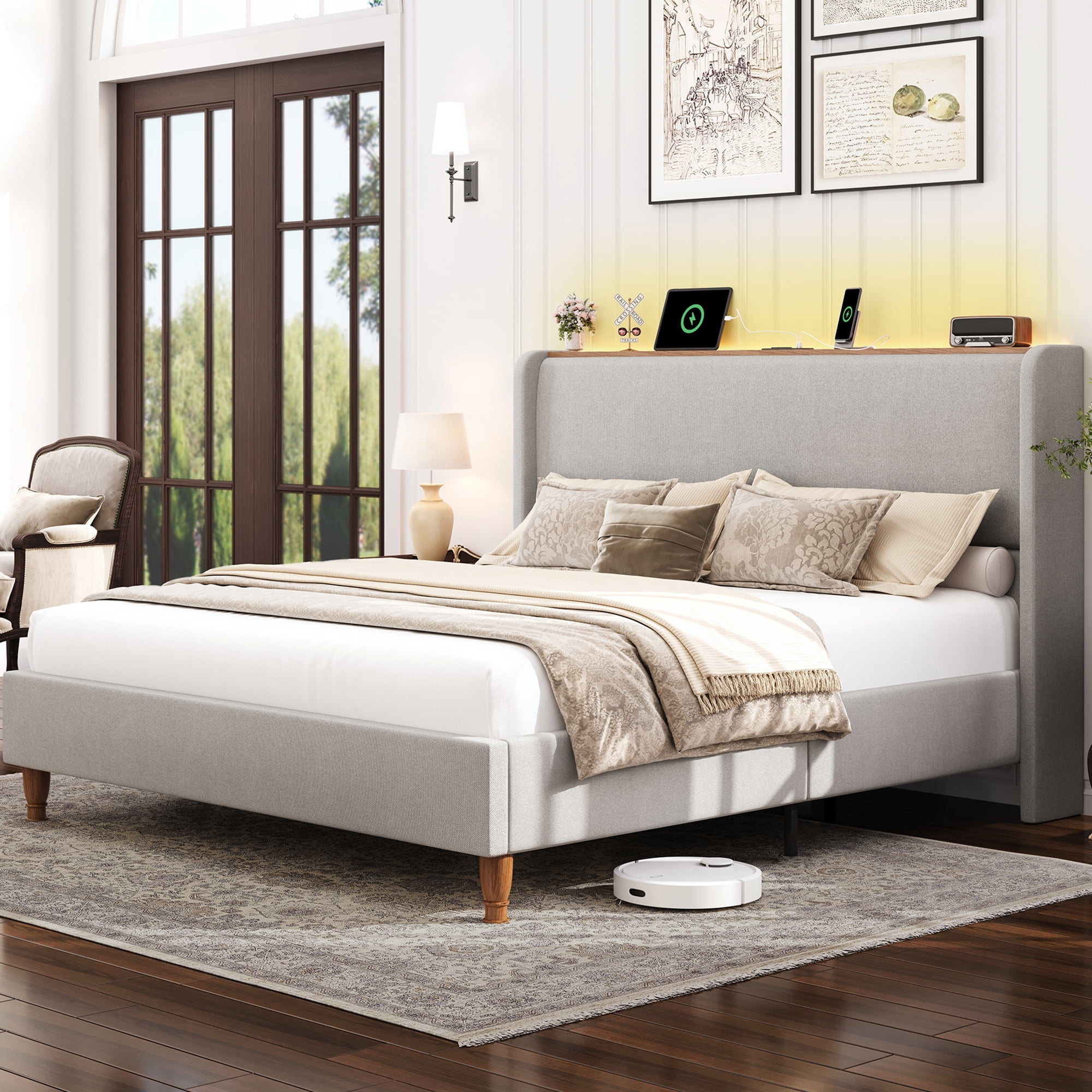 Breltam Upholstered Platform Bed with Wingback Headboard, Queen Size Bed with LED Lights and Charging Station, Light Gray