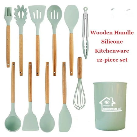 

12 Pcs Silicone Cooking Utensil Set Wooden Handle Cooking Tools BPA Free Kitchen Gadgets with Holder(light green)