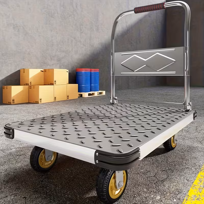 Silver, variant on Heavy-Duty Folding Flatbed Hand Truck, Foldable Platform Cart with Swivel Wheels, Space-Saving Push Handle, Compact Storage, Ideal for Warehouses, Yards, Gardens, and Moving, Black