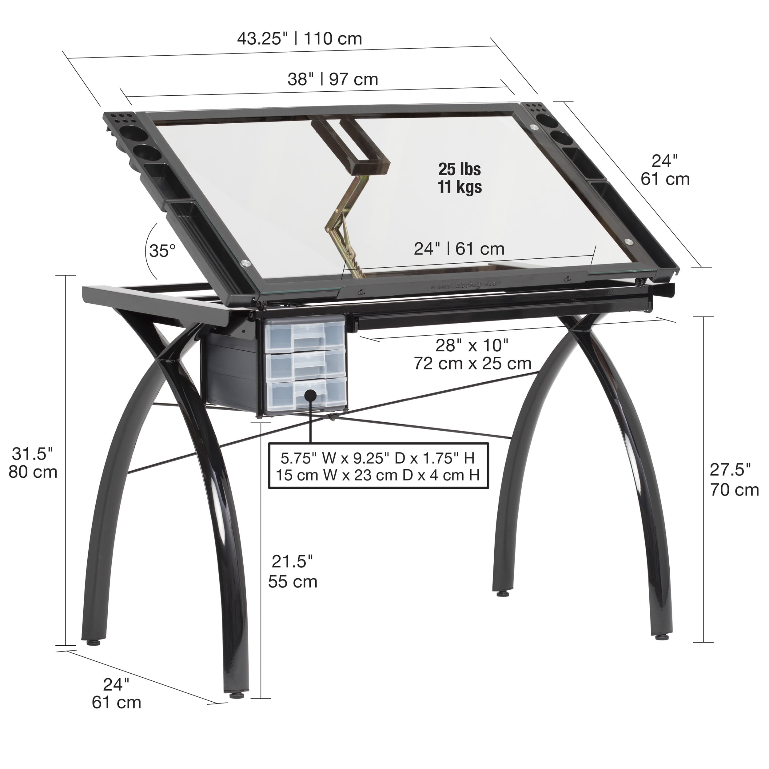 Studio Designs Futura Metal and Glass Drawing/Drafting Table with  Adjustable Top and Storage in Black 