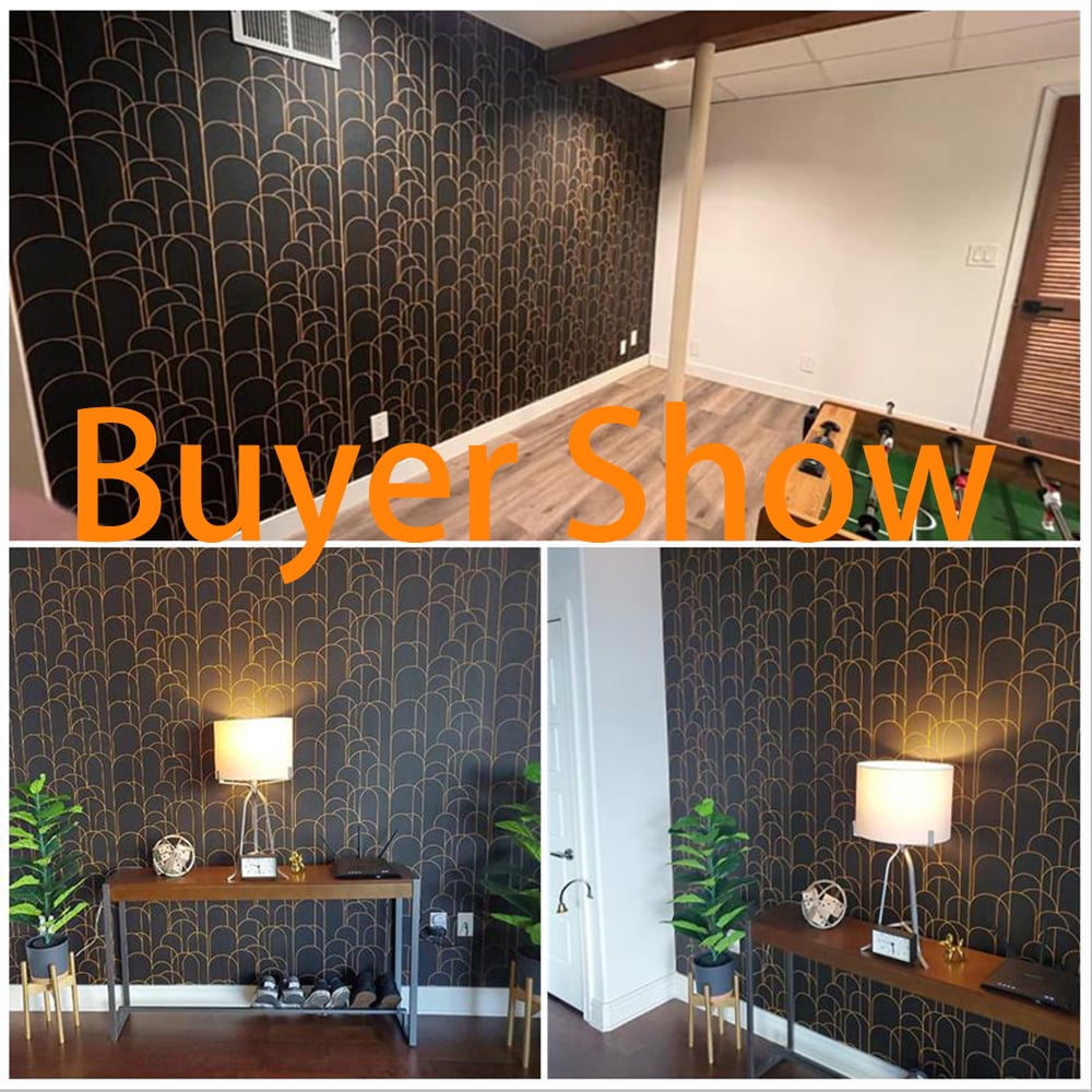 (4 pack) Abyssaly Black Peel and Stick Wallpaper Strip Line Contact Paper 17.7" x 78.7" Black/Gold Geometric Self-Adhesive Removable Vinyl Wallpaper for Bedroom