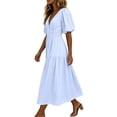 thumbnail image 7 of Ayolanni V-Neck Sundresses for Women Short Sleeve Solid Smocked Puff Sleeve Maxi A-Line Dress Ruffle Knee Length Party Wedding Guest Dressy Sundress Blue S, 7 of 7