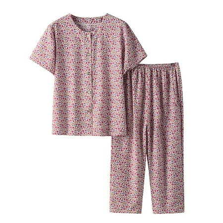 Virmaxy Womens Stylish Outfit 2 Piece Set Cotton Linen Two Piece Suit Short Sleeve Round Neck Printed Top Pants Set Pink 2xl