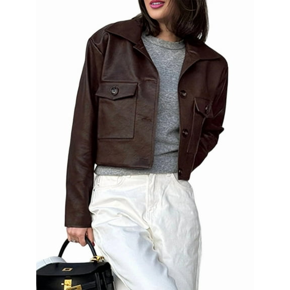Women Leather Jacket Fall Clothes Long Sleeve Button Down Winter Coats Oversized Motorcycle Outwear Dark Brown S