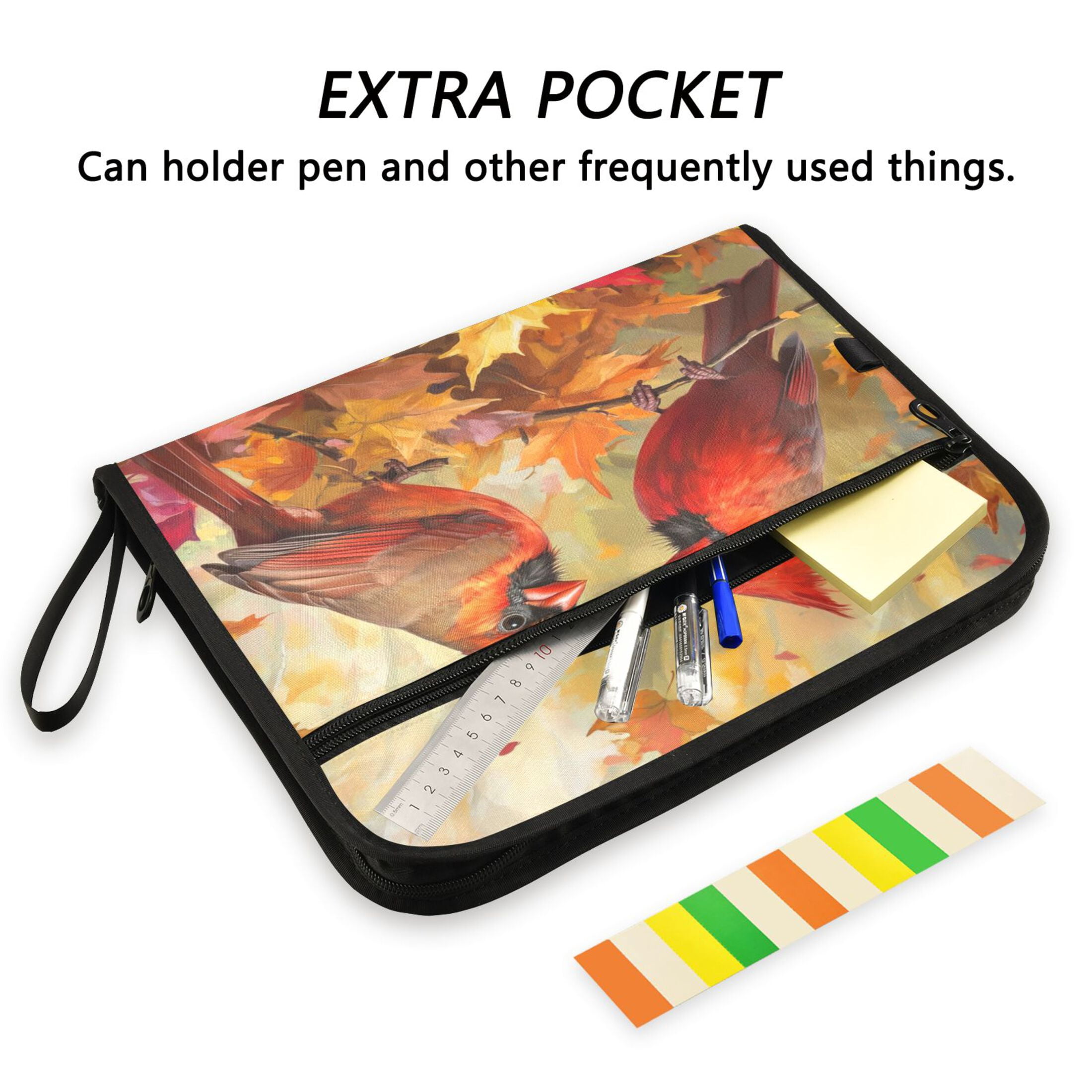 Accordion File Organizer with Zip Closure 13 Pockets Expanding File Folder Letter A4 Paper Document Organizer for Home Office Red Birds