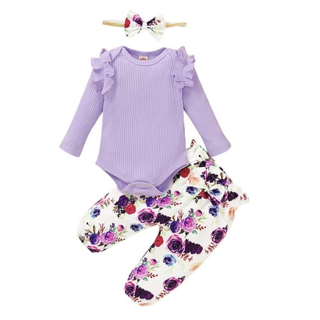 

KIMI BEAR Baby Girls Romper Outfits 6 Months Newborn Girls Fall Winter Clothing Set Pit Stripe Long Sleeve Jumpsuit Floral Pants Headband 3PCs Set 6-12 Months Purple
