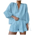 thumbnail image 1 of Conjunto de dos piezas de verano para mujer con camisa de cuello en V y manga corta y pantalones cortos: traje sexy y ajustado, tejido de poliéster, tallas S-XL para uso informal/vacaciones en la p, 1 of 5