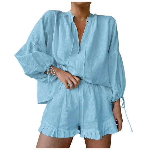 WAYUTE Shorts Sets Women 2 Piece Outfits Oversized Solid Color Summer Shorts and Shirt Top V Neck Cozy Shirt Vacation Trendy Casual Wear