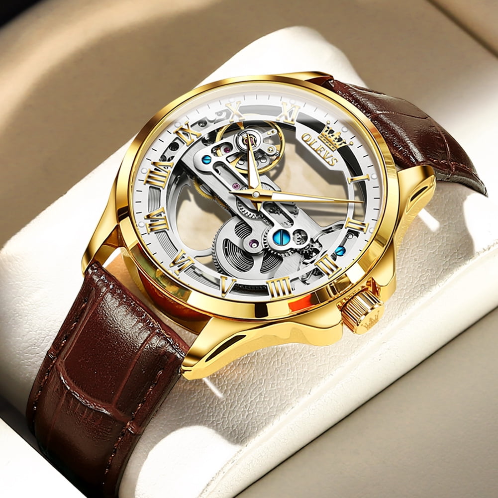 OLEVS Automatic Watches for Men Skeleton Brown Leather Band Large Face Self Winding Mechanical Mens Dress Watches Waterproof Easy to Read Luminous Business Casual Mens Wrist Watches Reloj Para Hombre