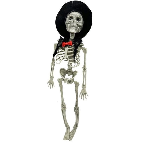 16" Hanging Male Plastic Skeleton with Top Hat and Bow Tie
