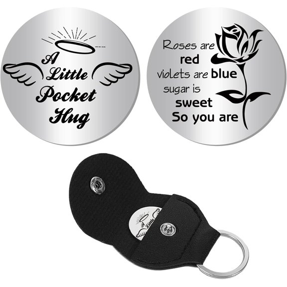 Angel Pocket Hug Token Long Distance Relationship Keepsake Engraved Stainless Steel Double Sided Pocket Token Coin with PU Leather Keychains for Friends Family Inspirational Gift 1.2Inch