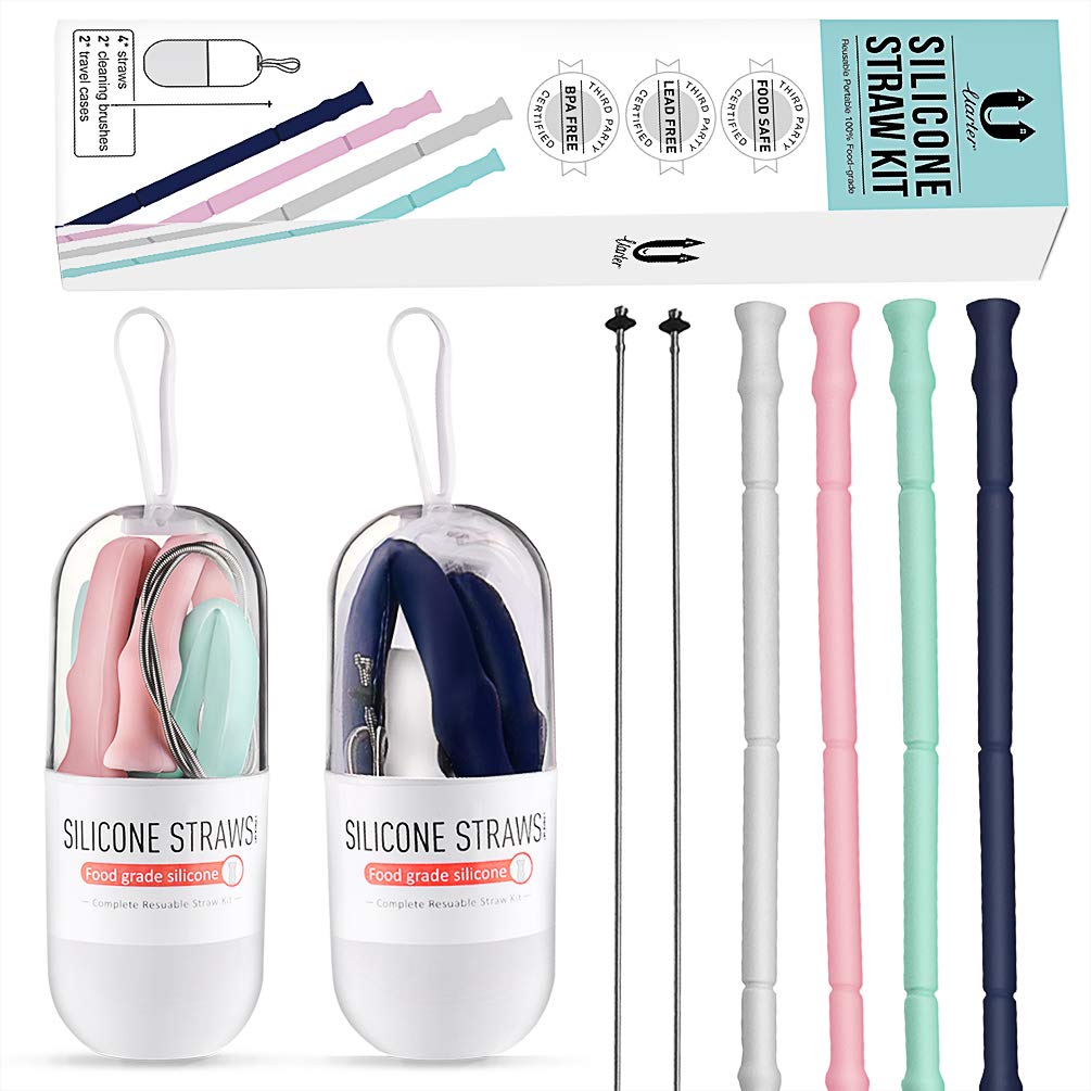 4 Pcs Silicone Drinking Straws with 2 Travel Cases and Cleaning Tools