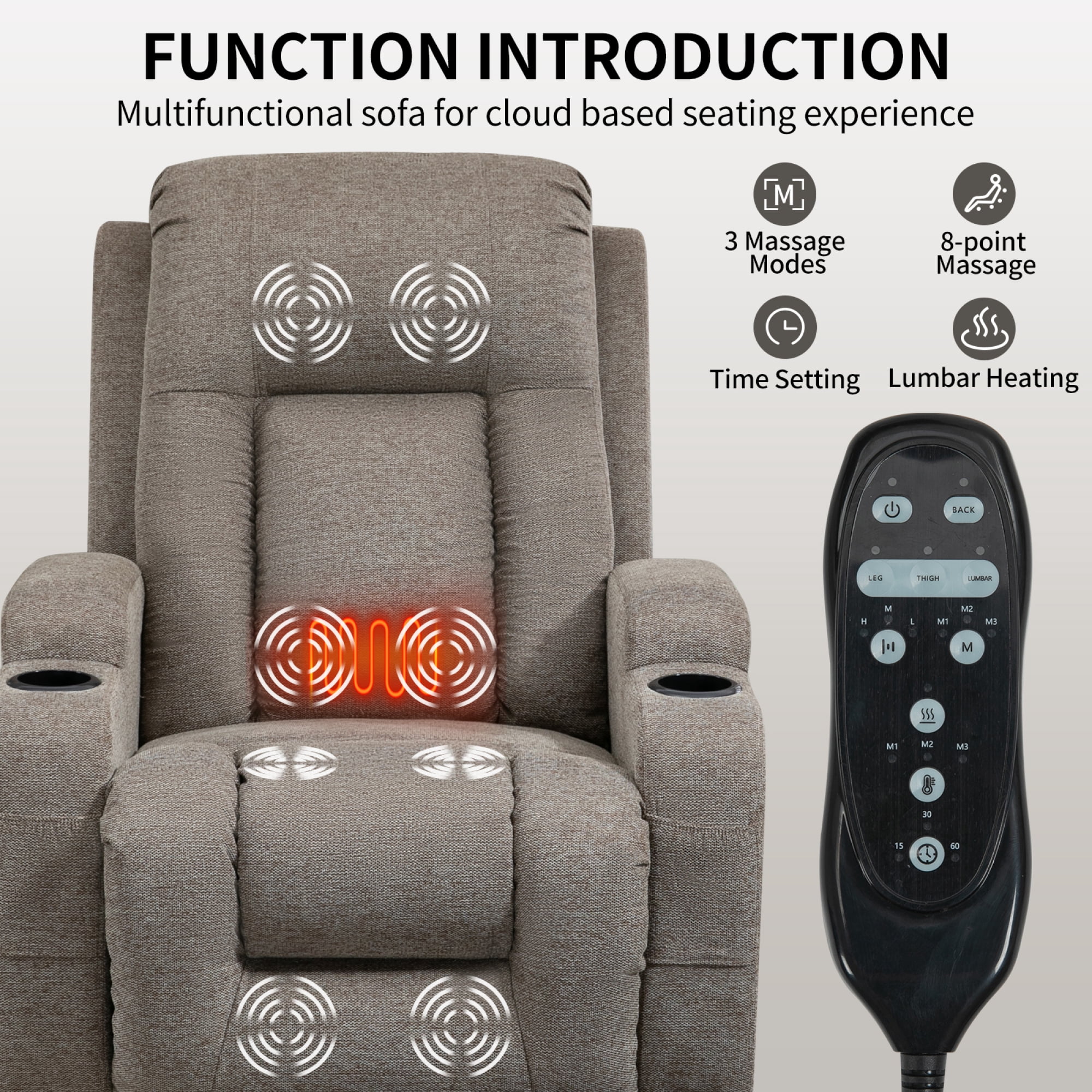 Power Lift Recliner Chair for Elderly,Heavy Duty Infinite Position Recliner Chair with 8-Point Vibration Massage and Lumbar Heating,USB Charging Port, Cup Holders,Brown