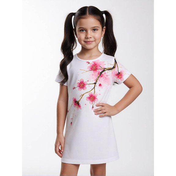 Kids Adorable Short Sleeve Dress Relaxed-Fit Crew Neck Casual Dresses for Girls Tween Girls Age 8-13 Pockets