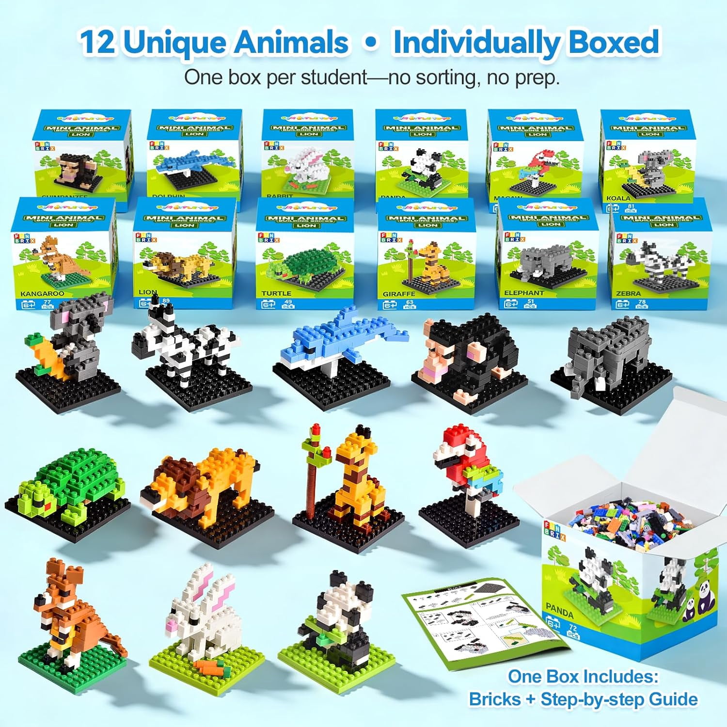 Fun Little Toys 12 Pack Mini Animal Building Blocks, Individually Boxed No Duplicate Zoo Brick Toys, Perfect Party Favors Classroom Prizes Goodie Bag Birthday Gifts for Kids Ages 6-12