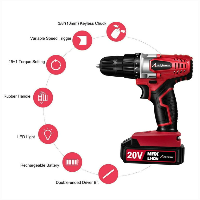 Avid Power 20V MAX Lithium Ion Cordless Drill, Power Drill Set with 3/8  inches Keyless Chuck, Variable Speed, 16 Position and 22pcs Drill