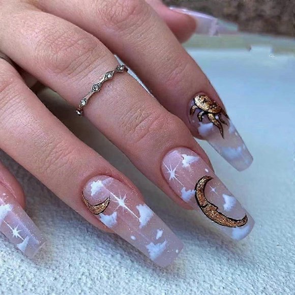 Coffin Press on Nails, Extra Long Fake Nails, Glossy False Nails, Stars Moon Acrylic Nails, Artificial Glue on Nails for Women and Girls 24Pcs