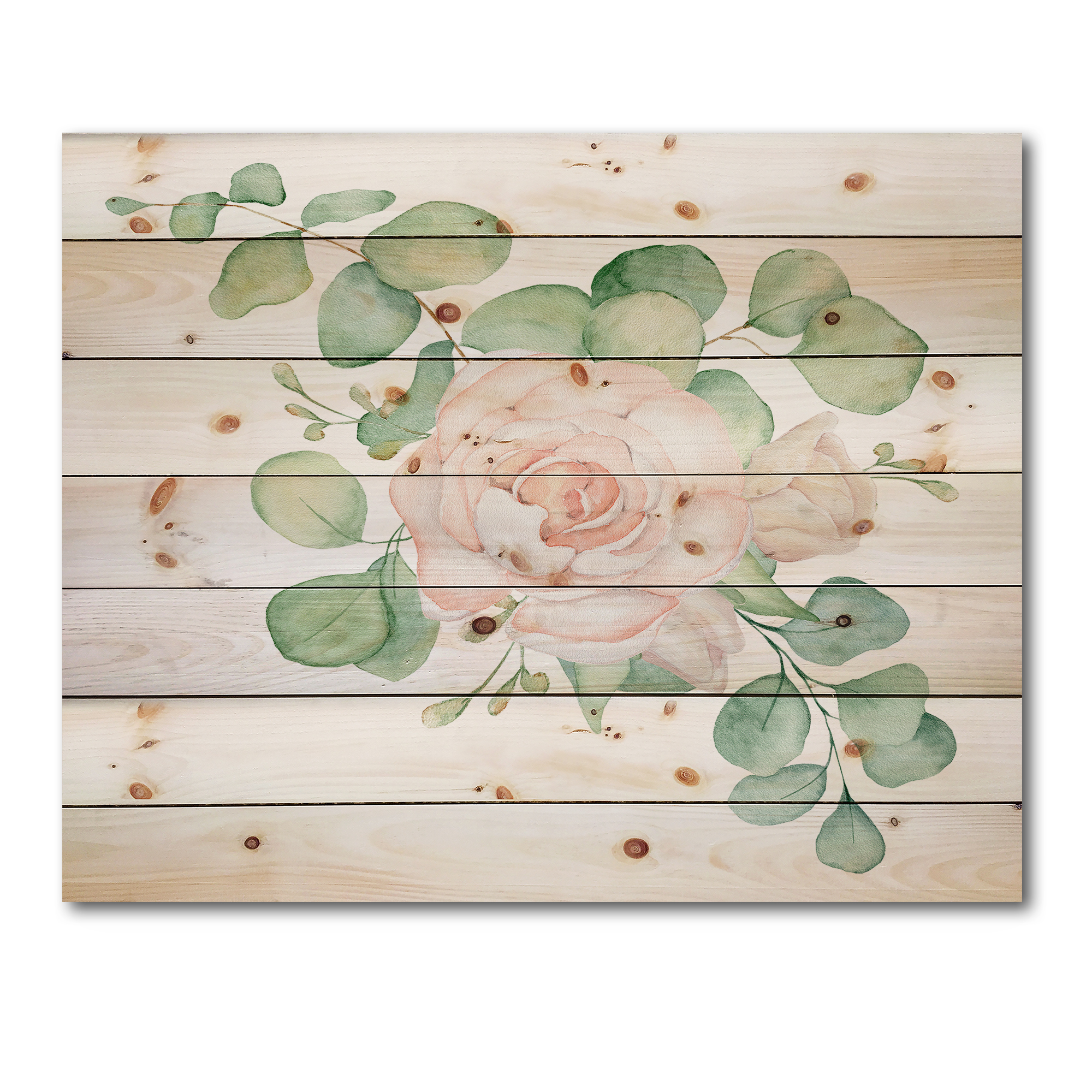 Designart 'Bouquet of Pink Roses Flowers and Eucalyptus Leaves' Traditional Print on Natural Pine Wood