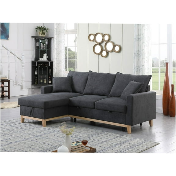 JERFIT Colton Dark Gray Reversible Sleeper Sectional Sofa with Storage Chaise, Modern Fabric 3-Seater Couch with Pull-Out Bed