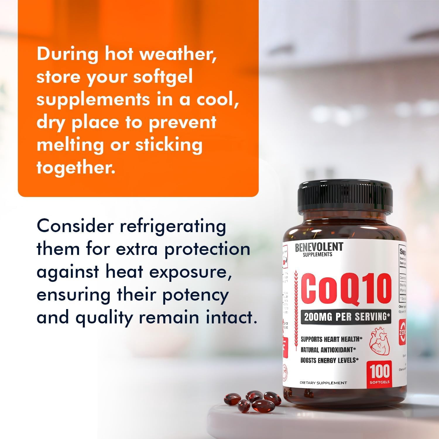 Benevolent Nourishment CoQ10 200mg Softgels, High Absorption Coenzyme Q10 Supplement, 100 Count