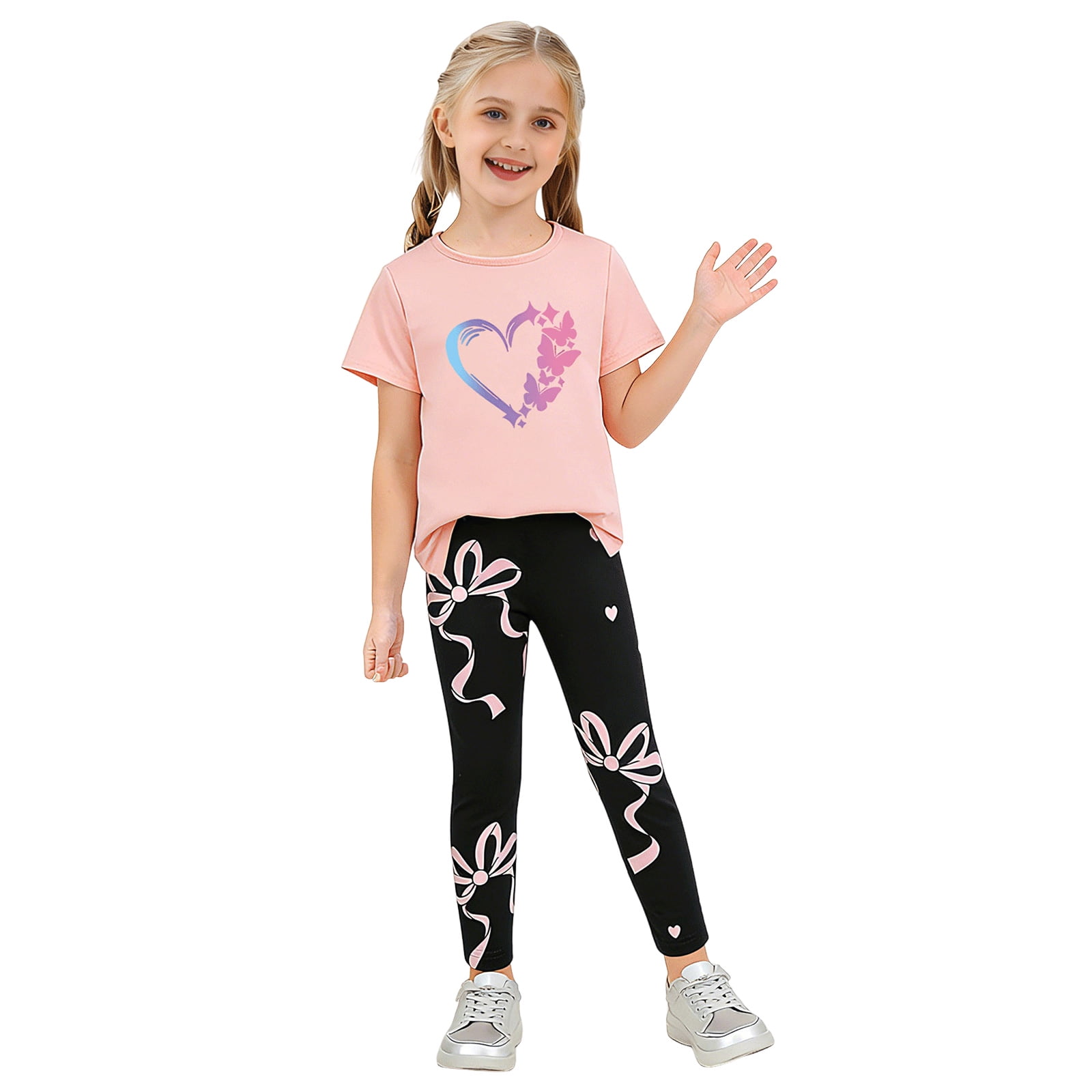 Karoyedx Girls Summer Clothes Toddler Girl Clothes Print Short Sleeve Top + Pants Outfits Girl Spring and Summer 2-Piece Set Navy Size,7 Years