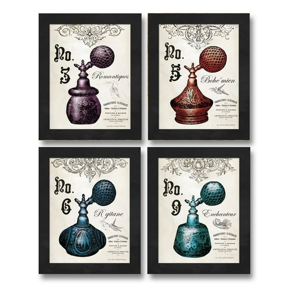 Black and Off-White French Perfume Adult Powder Room Decor; 4 - 8" x 10" UNFRAMED Posters