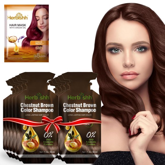 Herbishh Hair Color Shampoo 10 Sachet +1 Argan Hair Mask Pouch | 3 in 1 Hair Dye | PPD Free | Easy to Use | Gray Coverage | Travel Size | Available in 6 Colors (Chestnut Brown)