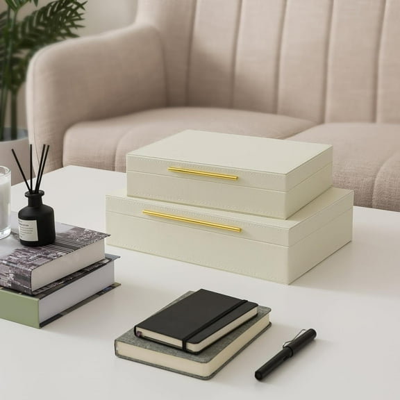 Faux Leather Decorative Boxes with Lids and Gold Hardware for Home Decor, Set of 2 Stacking Hinged Boxes for Coffee Table and Living Room Shelves, Nesting Remote Control Holder, Ivory