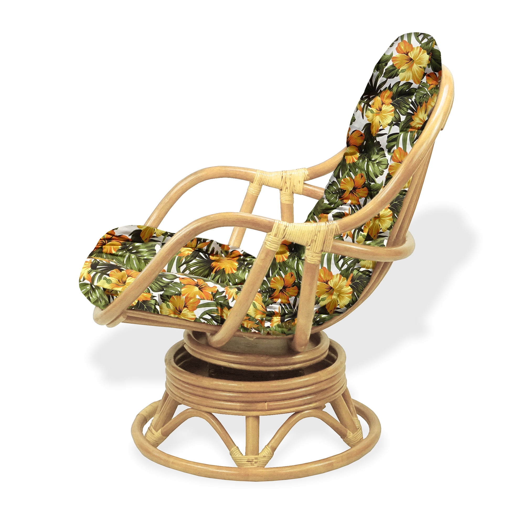 Bali Lounge Swivel Rocking Chair with Floral Cushion Natural Rattan Wicker Handmade, Natural Color