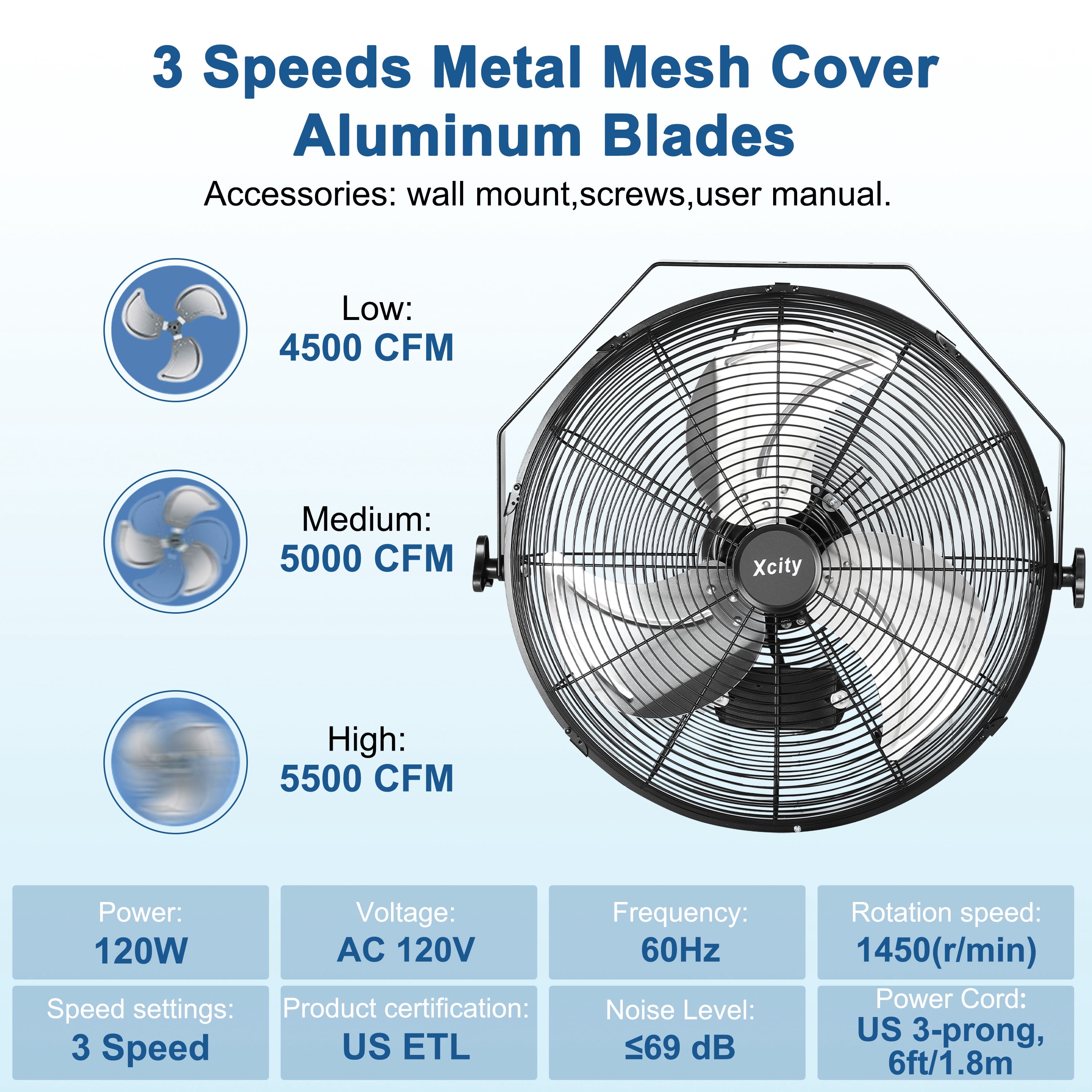 Avobird 20 Inch Metal Wall Mounted Fan, High Speed Industrial Fan, 3-Speed Fan with 360°Tiltand Wall Mount, High Airflow of 3000 CFM, Durable Metal Design for Home/Factory/Workshop