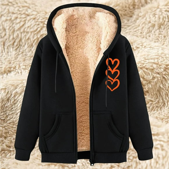 Meihcang Fleece Hoodie Women Zip Up Hooded Sherpa Lined Jacket Coat Trendy Heart Print Long Sleeve Thicken Winter Warm Outerwear with Pockets Black L