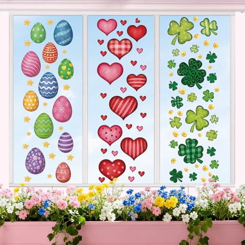 Colorful Spring Holiday Window Cling Decorations Set - Large Shamrock, Easter Egg, and Heart Stickers for Glass Doors, Bathroom, Office, and Home Party Supplies