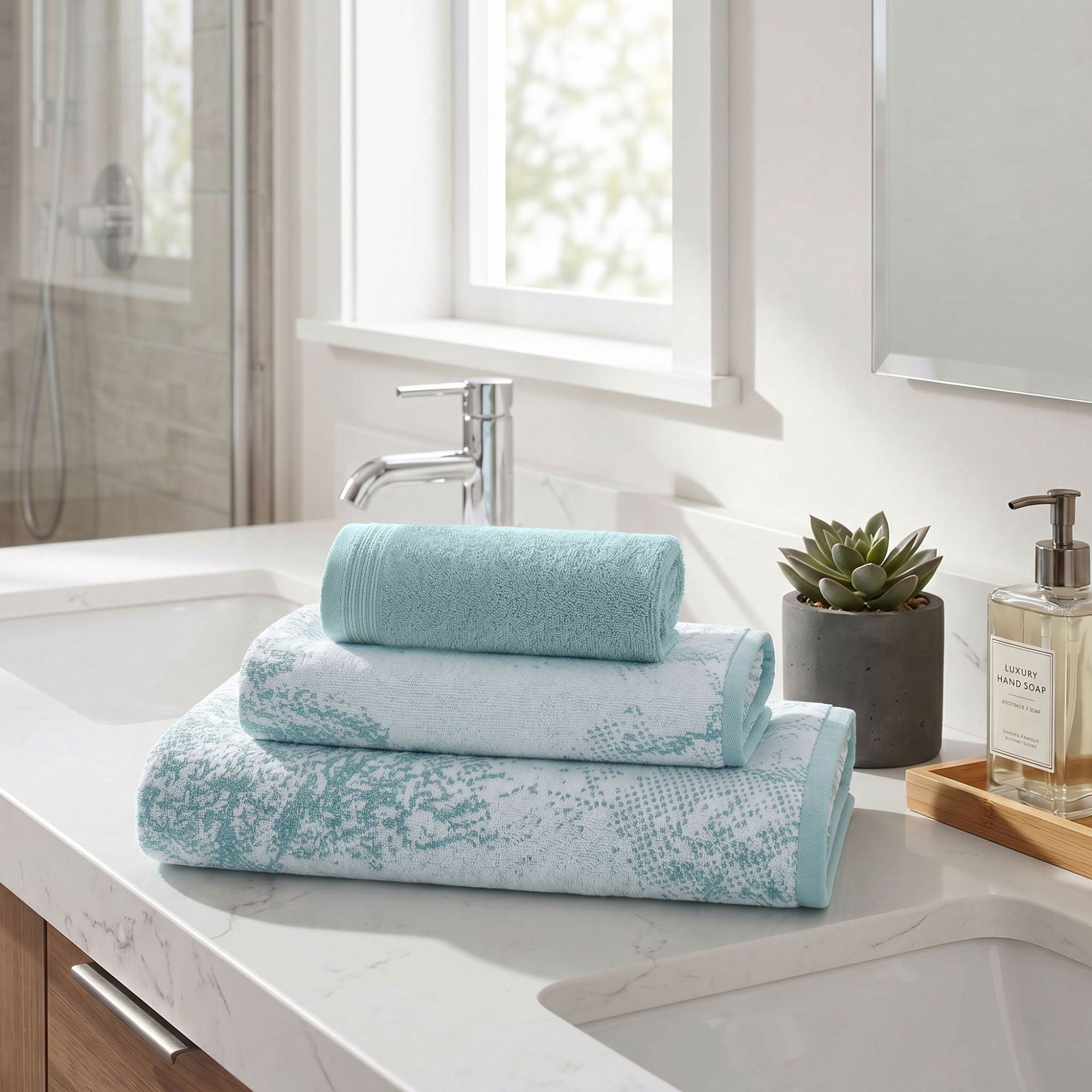 Superior Marble and Solid Jacquard Assorted Cotton 3 Piece Towel Set, Cyan