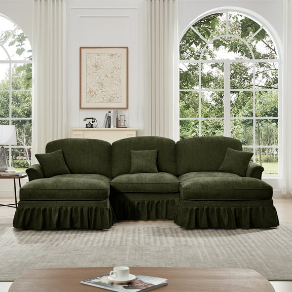 Mid-Century 3-Seat Modular L-Shaped Sectional Sofa with Ottoman, Chenille, Green | Detachable ruffle skirts, flared arms, spindle legs; reconfigures to chaise, bed, or L-shape