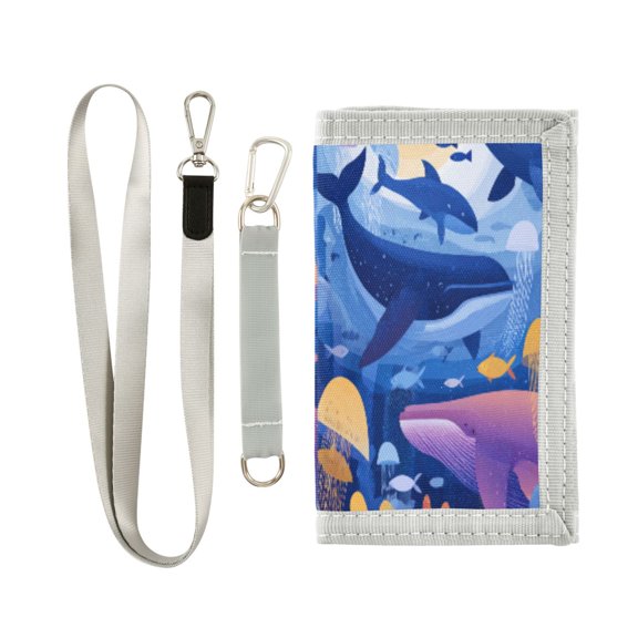 Cloth Wallet with Lanyard & Multiple Compartments Fashion Purse Zipper Clutch Bag for Cash Cards Coins Whales and Dolphins Pattern