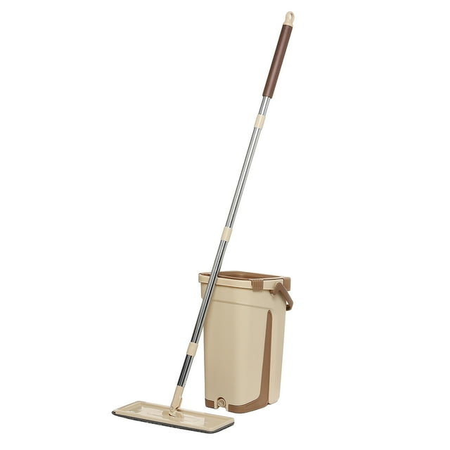 Hand-free Flat Squeeze Mop Bucket Set Floor Cleaning Wet & Dry Use W/ 2Pcs Microfiber Mop Pad