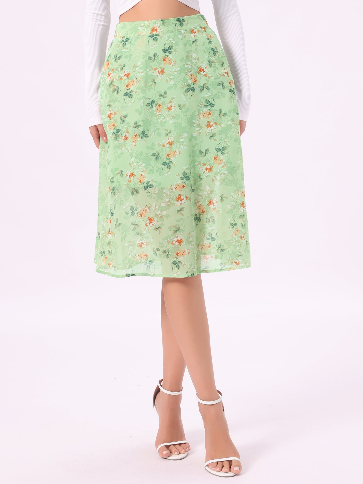 DARING DIVA Women's Floral Midi A-Line Chiffon High Waisted Skirt M Green Orange