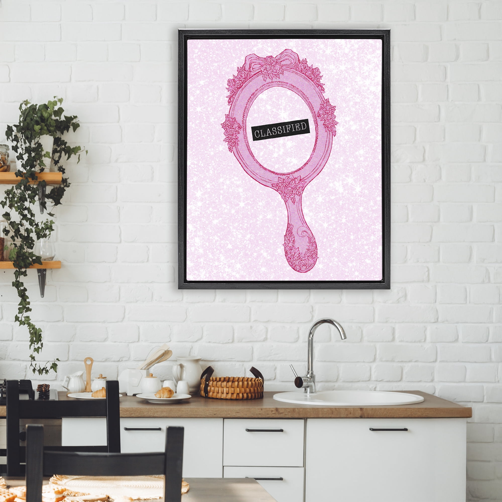 Stupell Industries Classified Ornate Pink Mirror Black Framed Floater Canvas Wall Art, design by Ziwei Li