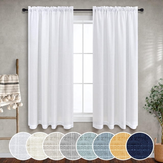 Mrs.Naturall Solid White Curtains 54 Inch Length for Bedroom Rod Pocket Set of 2 Panels Flax Linen Textured Organic Look Light Diffusing Airy Bright Kitchen Closet Doors Bathroom Exercise Room Studio