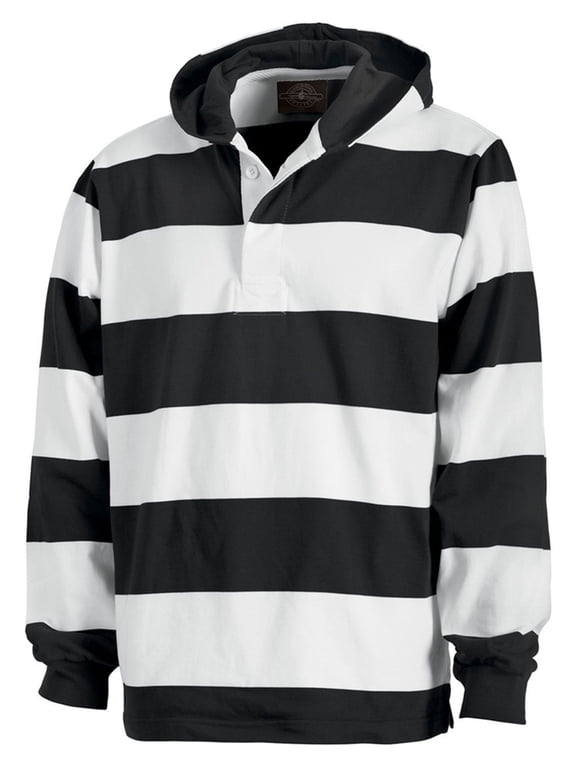 apparel men's hooded rugby pullover, black/white, large