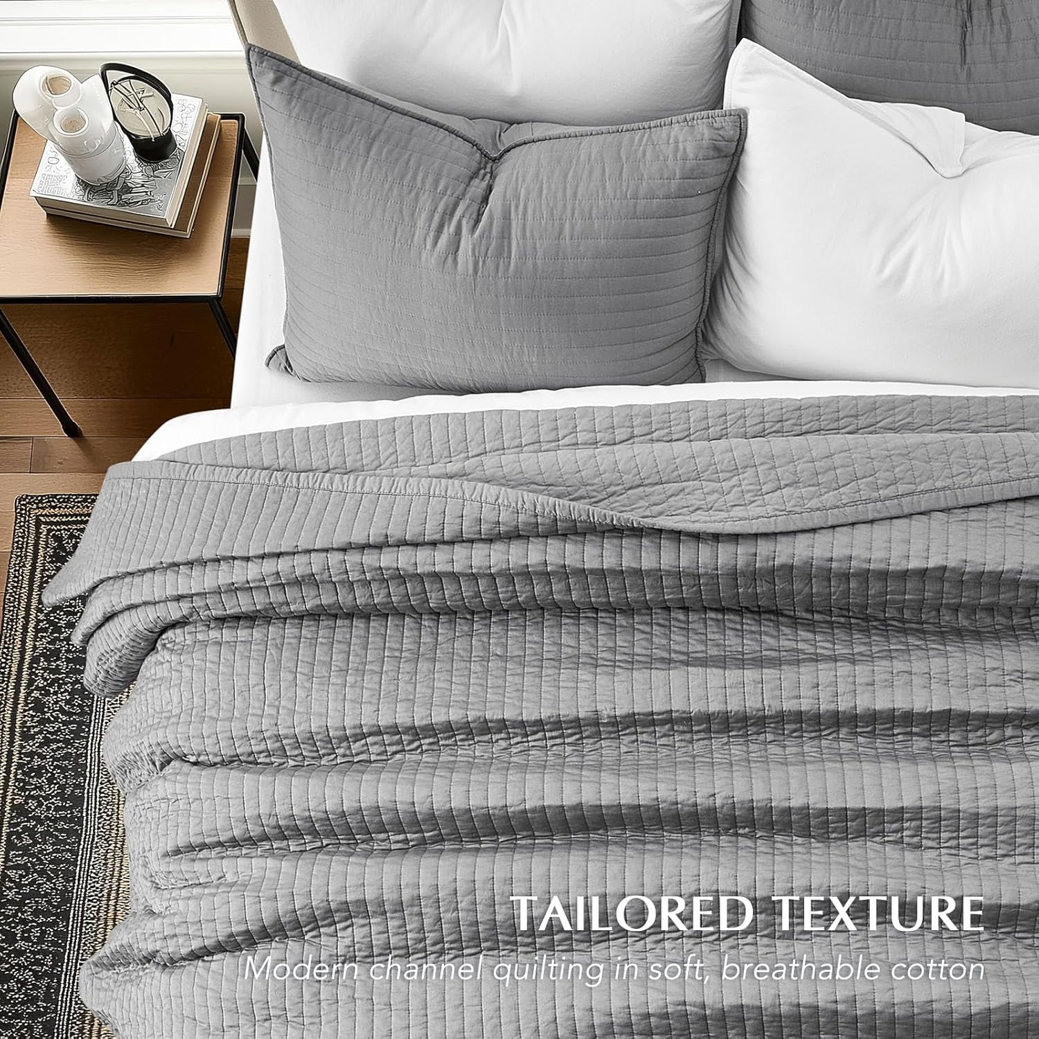EVERGRACE Cotton Sateen Quilt Set King Size, Pre-Washed Cotton Channel Stitch Coverlet Bedspread, 3 Pieces Lightweight Soft Bedding Sets for All Season, with 2 Pillow Shams, Fog Gray