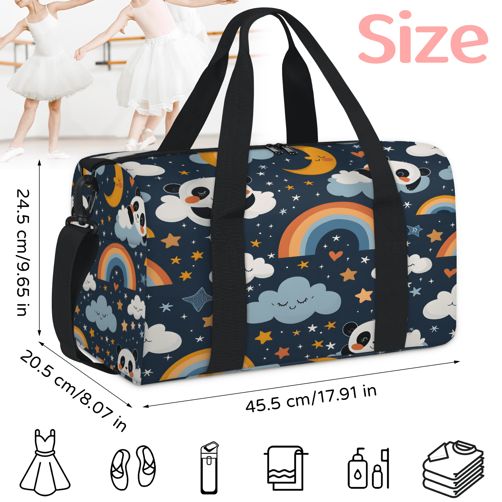 Herdesigns Cute Pandas Gym Bag for Women, Duffle Bag for Travel Sport, Rainbow Cloud Star Lightweight Waterproof Carry on Weekender Dance Yoga Workout Bags